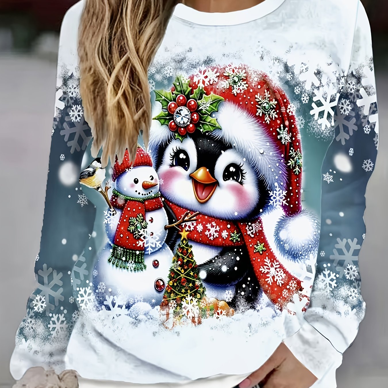 Damski Sweter Świąteczny | Z Motywem Bałwana I Choinki