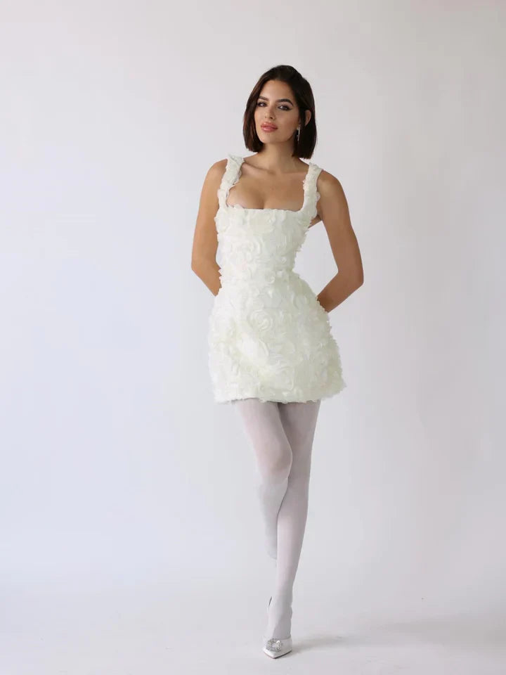 Sukienka Na Sylwestra Mini Teksturowana Kwiatowa Z Dekoltem Kwadratowym | Wieczorowa Na Imprezę i Przyjęcie