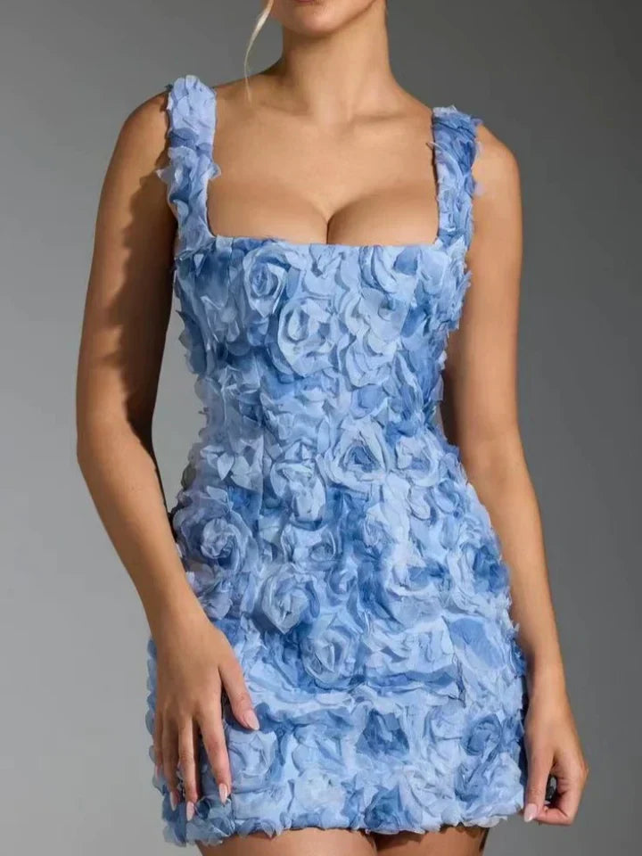 Sukienka Na Sylwestra Mini Teksturowana Kwiatowa Z Dekoltem Kwadratowym | Wieczorowa Na Imprez臋 i Przyj臋cie