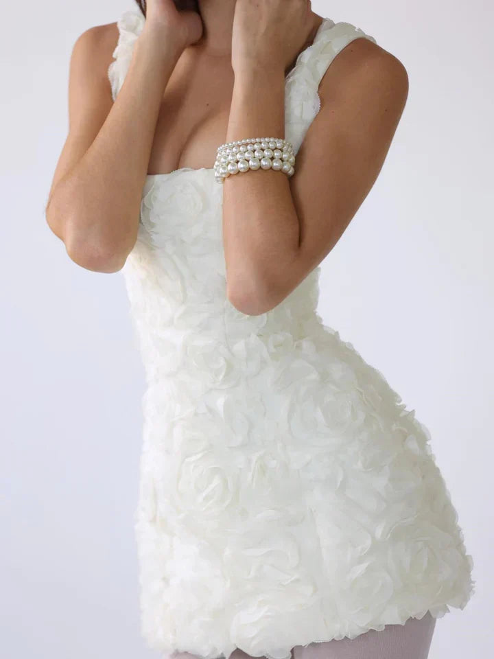 Sukienka Na Sylwestra Mini Teksturowana Kwiatowa Z Dekoltem Kwadratowym | Wieczorowa Na Imprezę i Przyjęcie