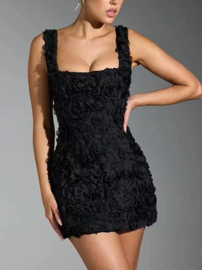 Sukienka Na Sylwestra Mini Teksturowana Kwiatowa Z Dekoltem Kwadratowym | Wieczorowa Na Imprezę i Przyjęcie