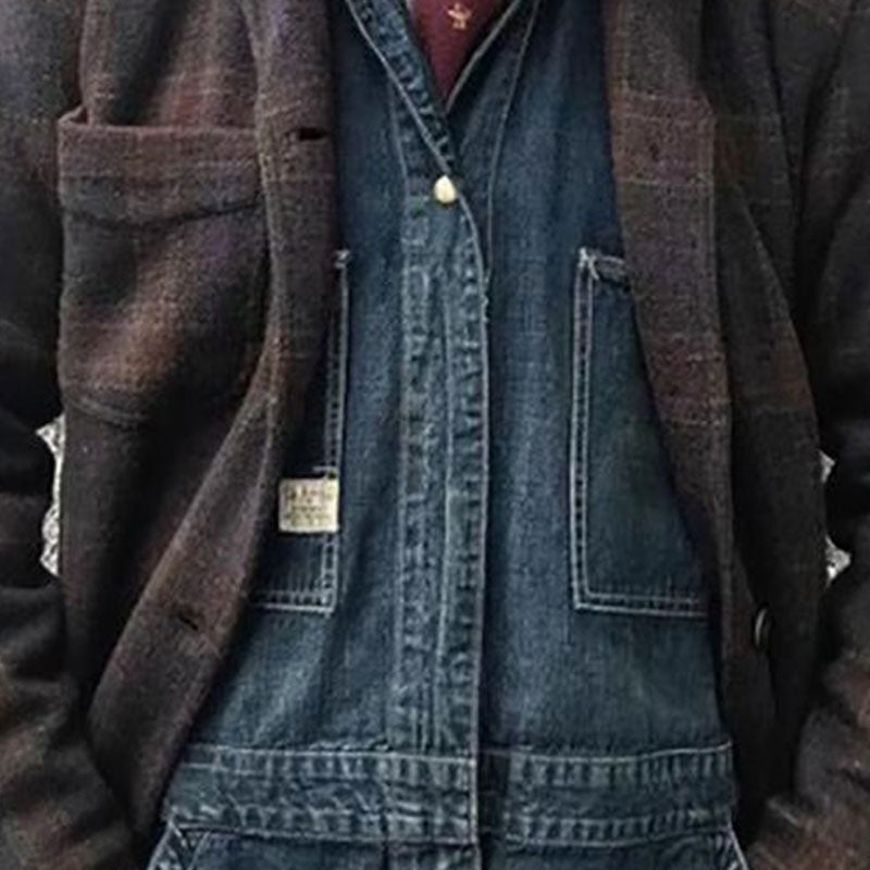 M臋ska Kurtka Zimowa | Retro w Krat臋 z Klapami Lu藕ny Kr贸j