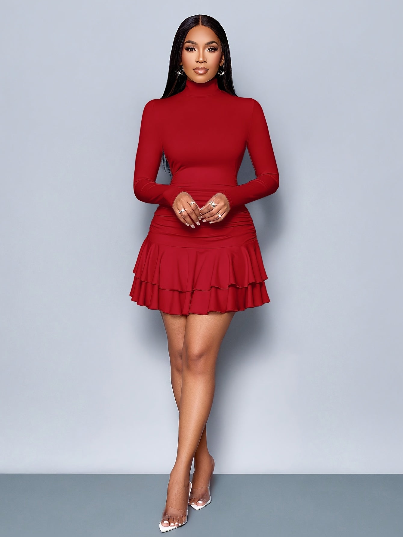Suknia Damskie Mini Z Golfem Z Marszczeniem I Falbaną | Na Imprezy I Wieczorne Wyjścia