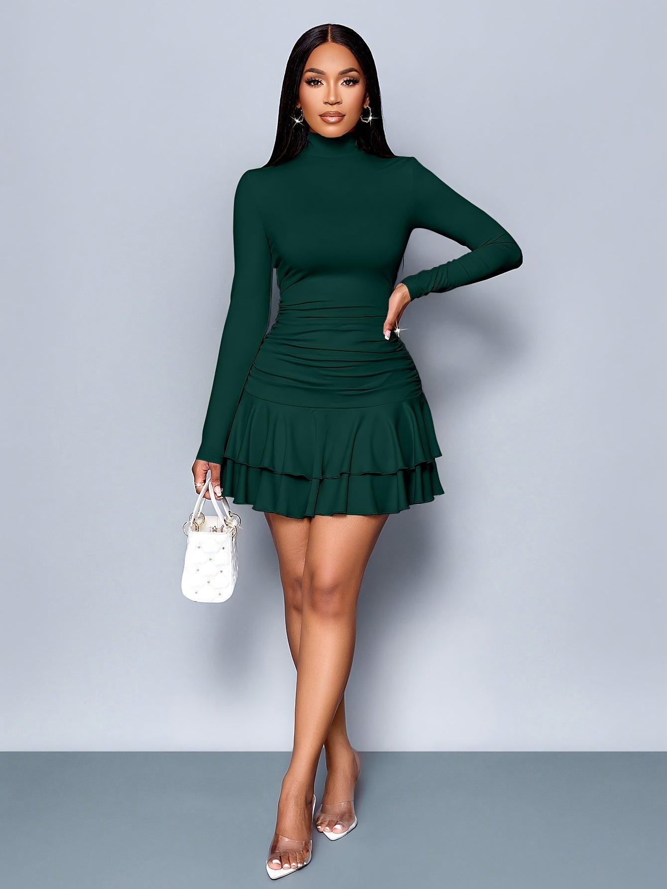 Suknia Damskie Mini Z Golfem Z Marszczeniem I Falbaną | Na Imprezy I Wieczorne Wyjścia