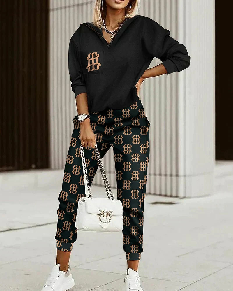 Komplety Dresowe Damskie Wzorzysty Zestaw Bluza Z Dekoltem V I Spodnie Jogger | Styl Na Co Dzień