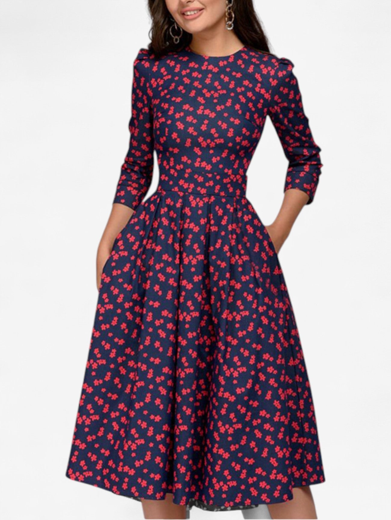 Damska Sukienka Midi Wizytowa W Kwiaty Rozkloszowana