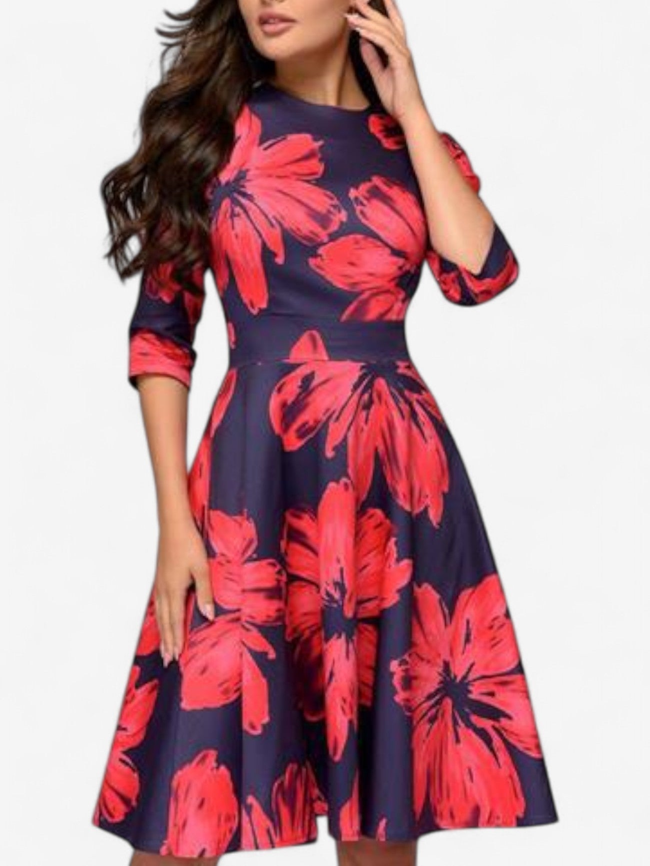 Damska Sukienka Midi Wizytowa W Kwiaty Rozkloszowana