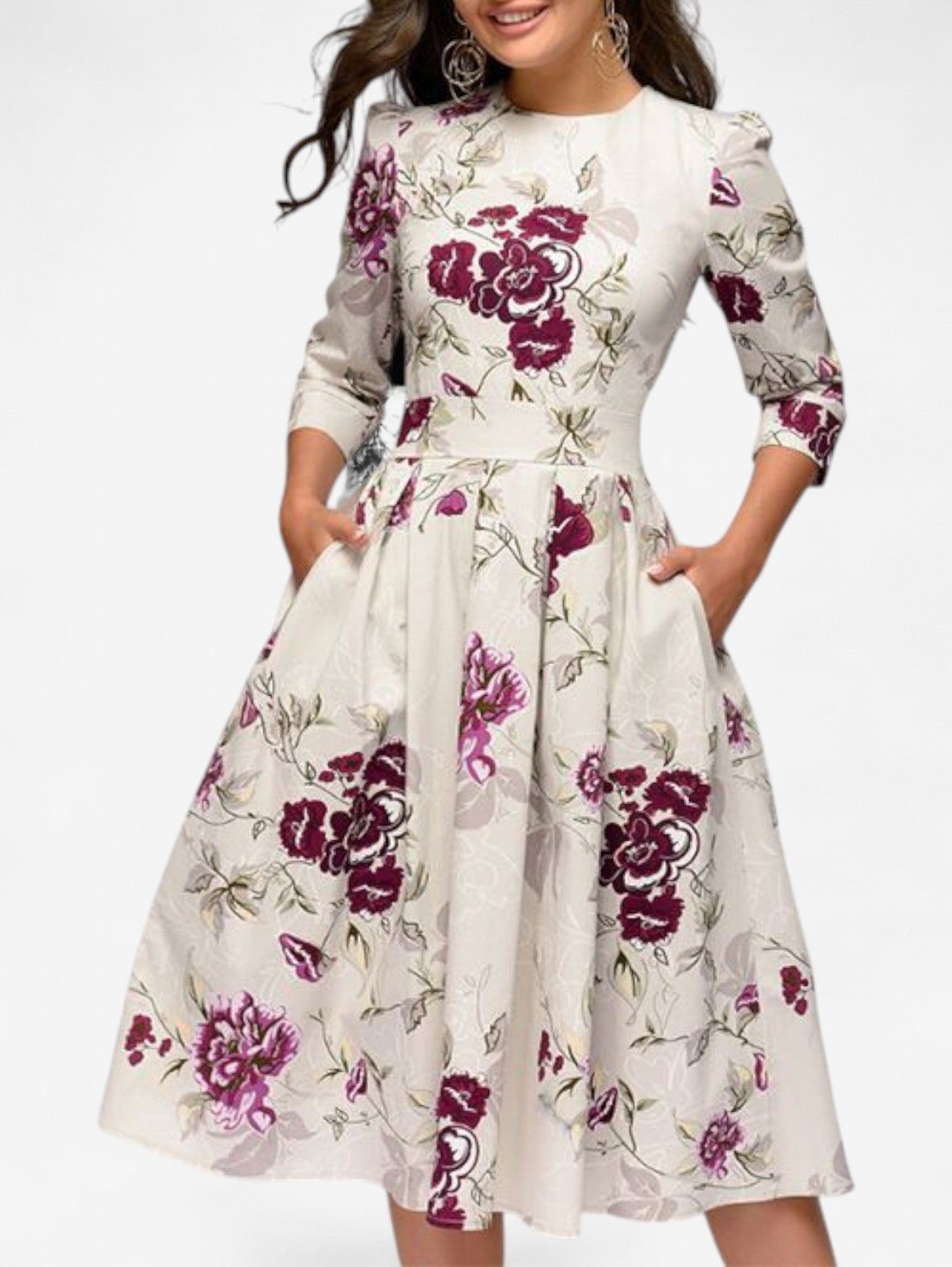 Damska Sukienka Midi Wizytowa W Kwiaty Rozkloszowana