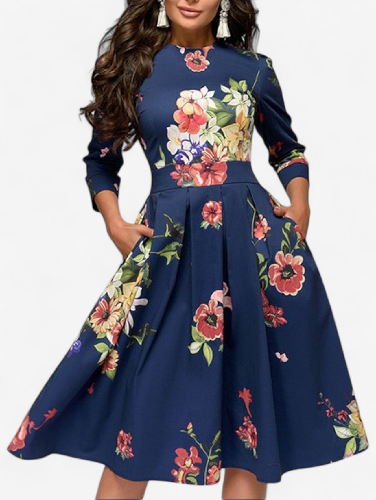 Damska Sukienka Midi Wizytowa W Kwiaty Rozkloszowana