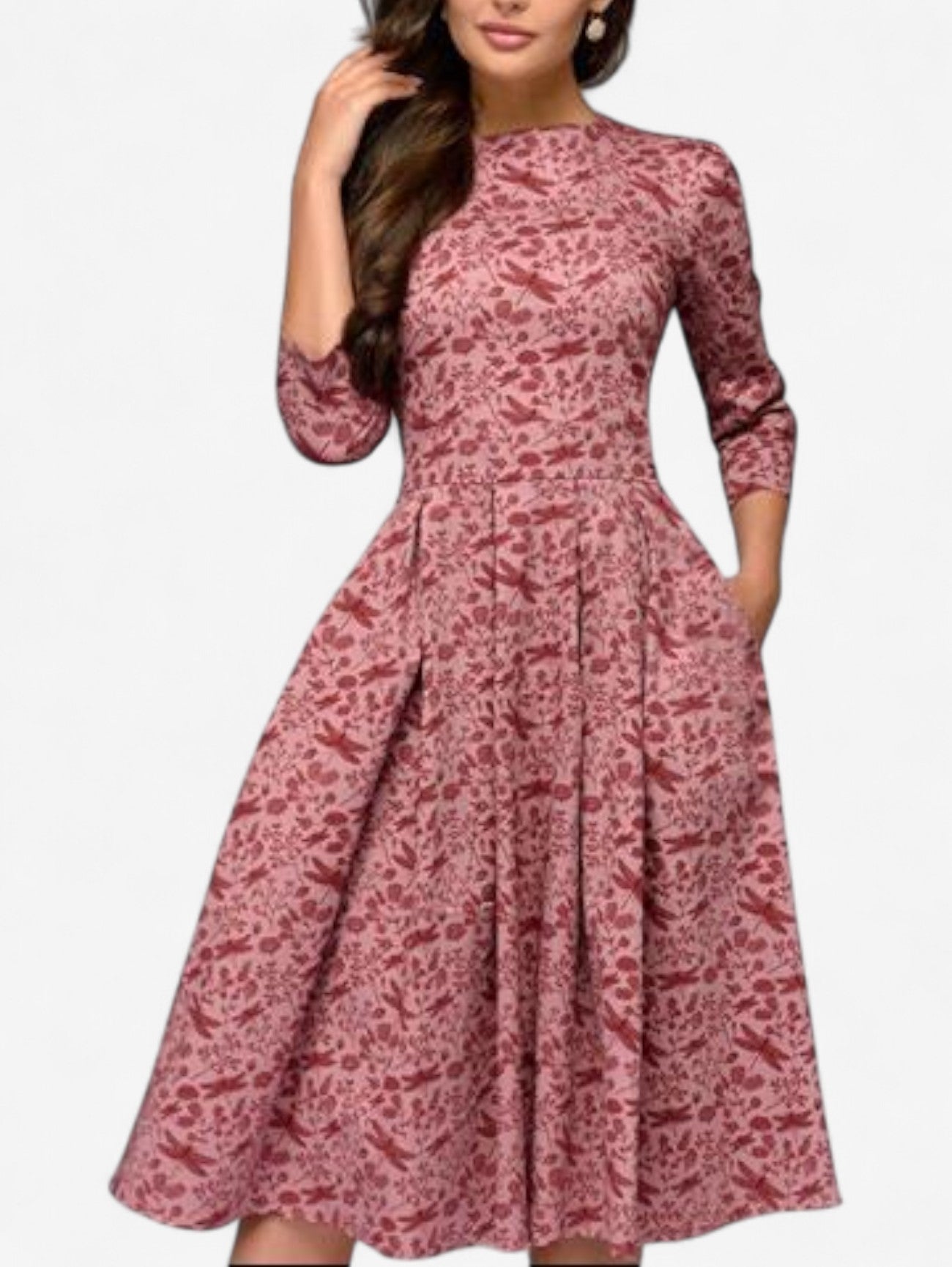 Damska Sukienka Midi Wizytowa W Kwiaty Rozkloszowana