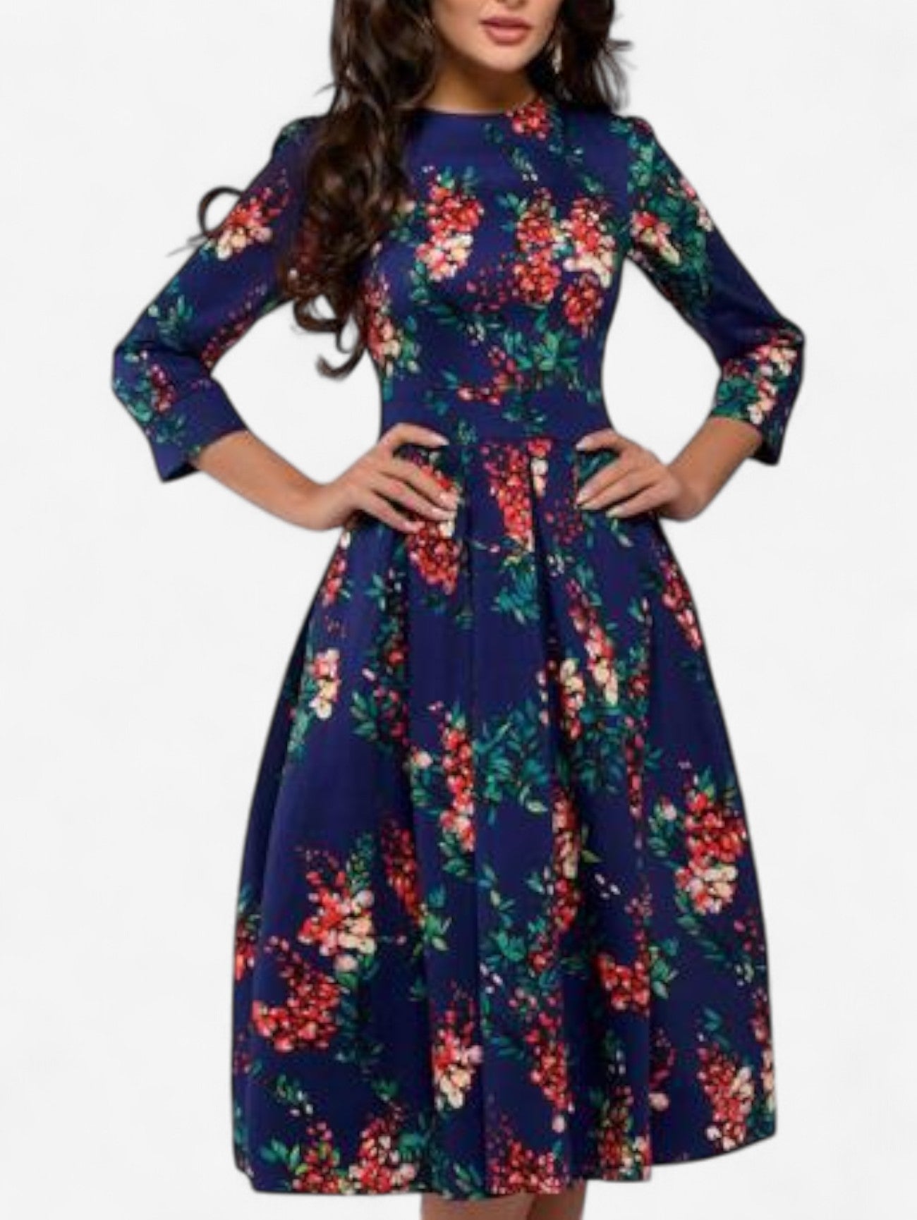 Damska Sukienka Midi Wizytowa W Kwiaty Rozkloszowana