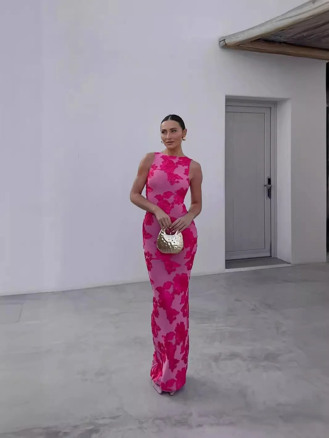 Damska Sukienka Na Studniówkę Maxi Dopasowana Z Kwiatowym Wzorem