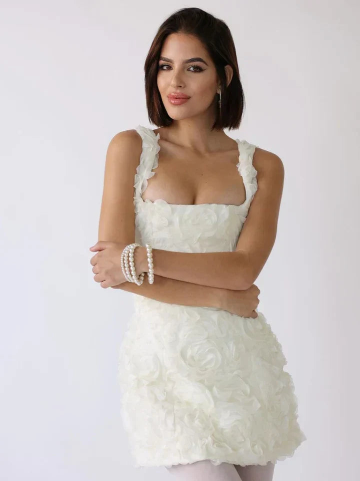 Sukienka Na Sylwestra Mini Teksturowana Kwiatowa Z Dekoltem Kwadratowym | Wieczorowa Na Imprezę i Przyjęcie