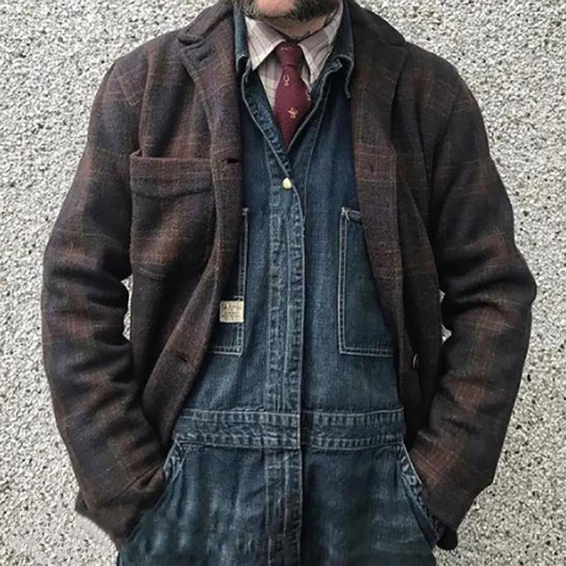 Męska Kurtka Zimowa | Retro w Kratę z Klapami Luźny Krój