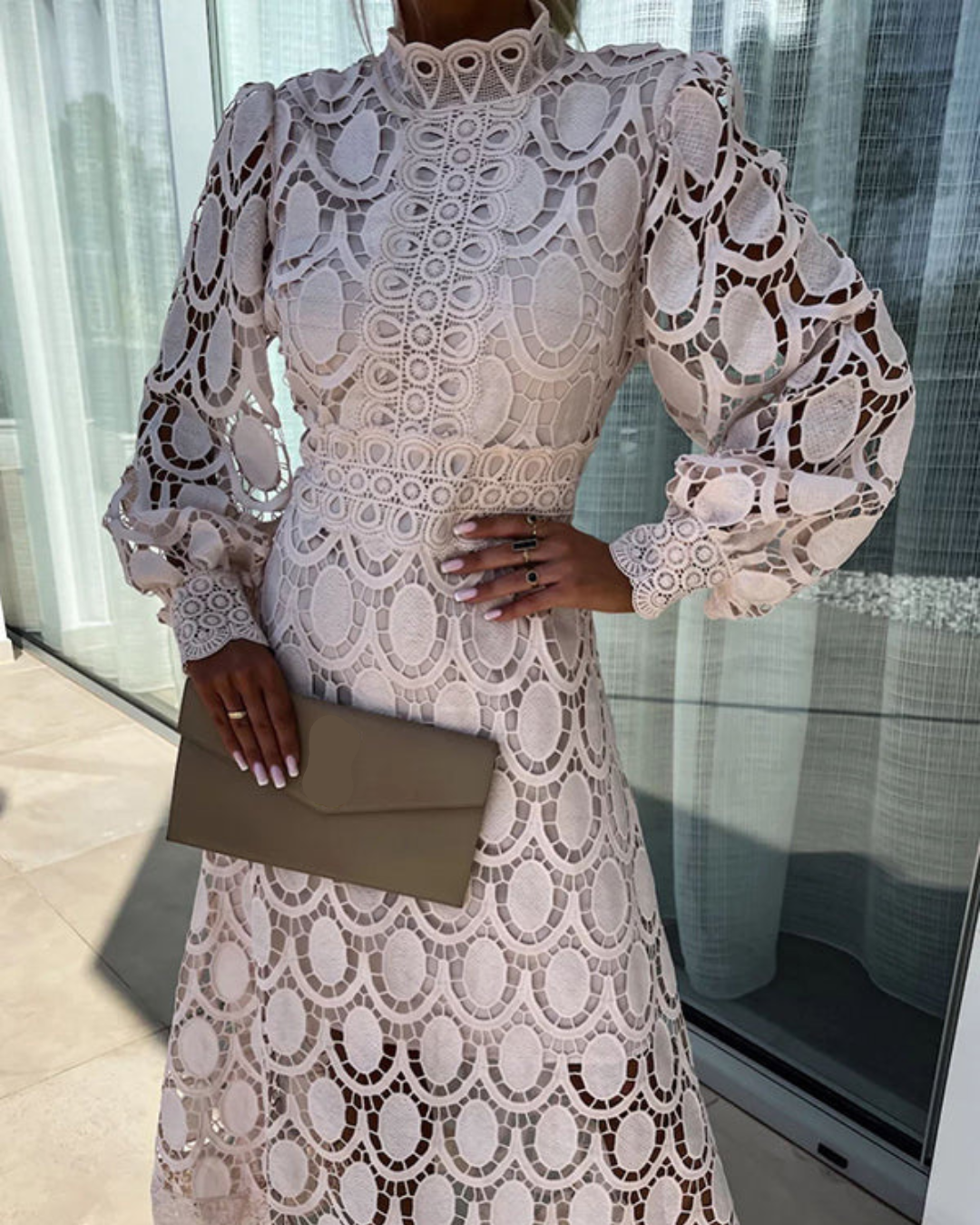 Damska Elegancka Sukienka Midi Koronkowa Z Długim Rękawem
