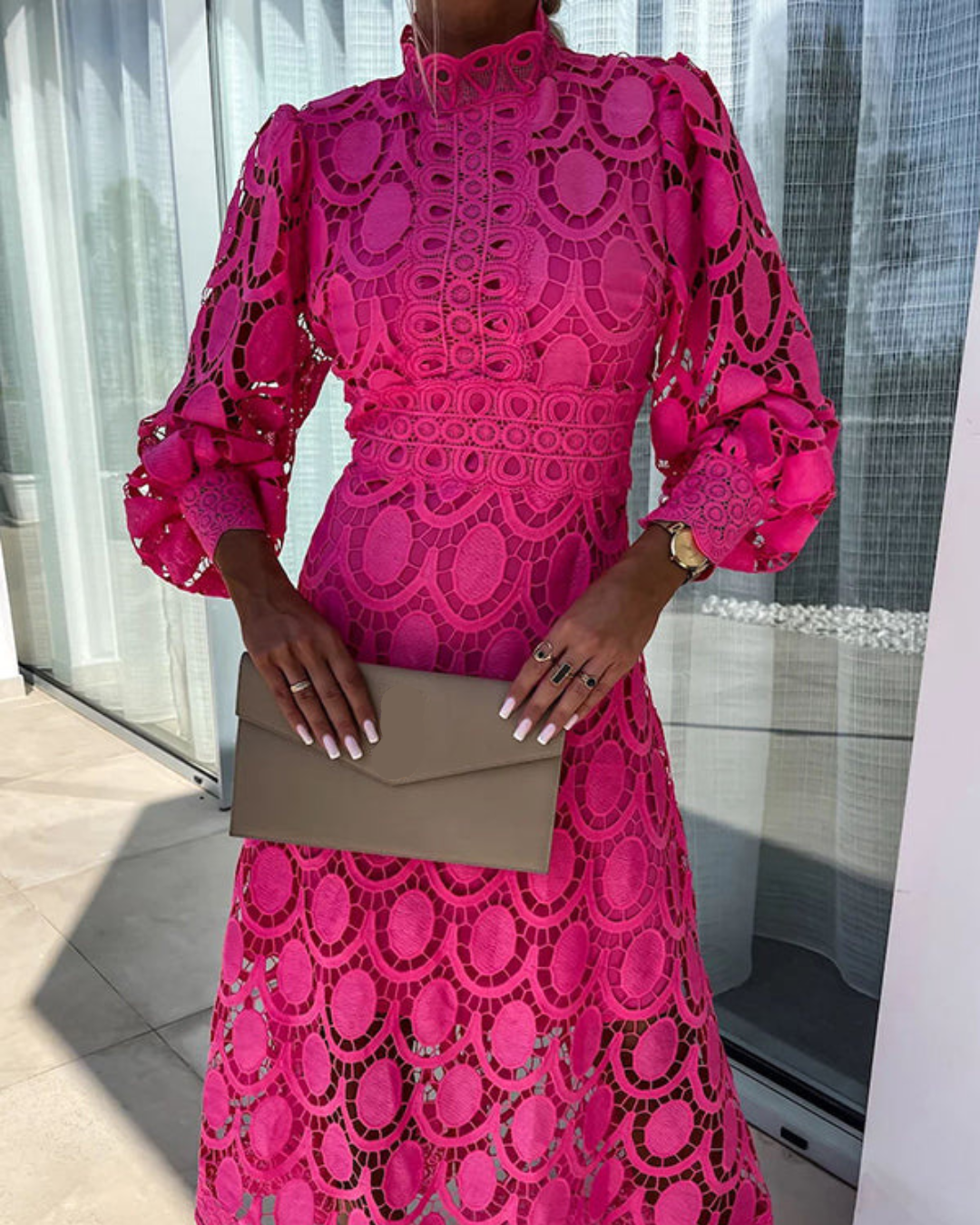 Damska Elegancka Sukienka Midi Koronkowa Z Długim Rękawem