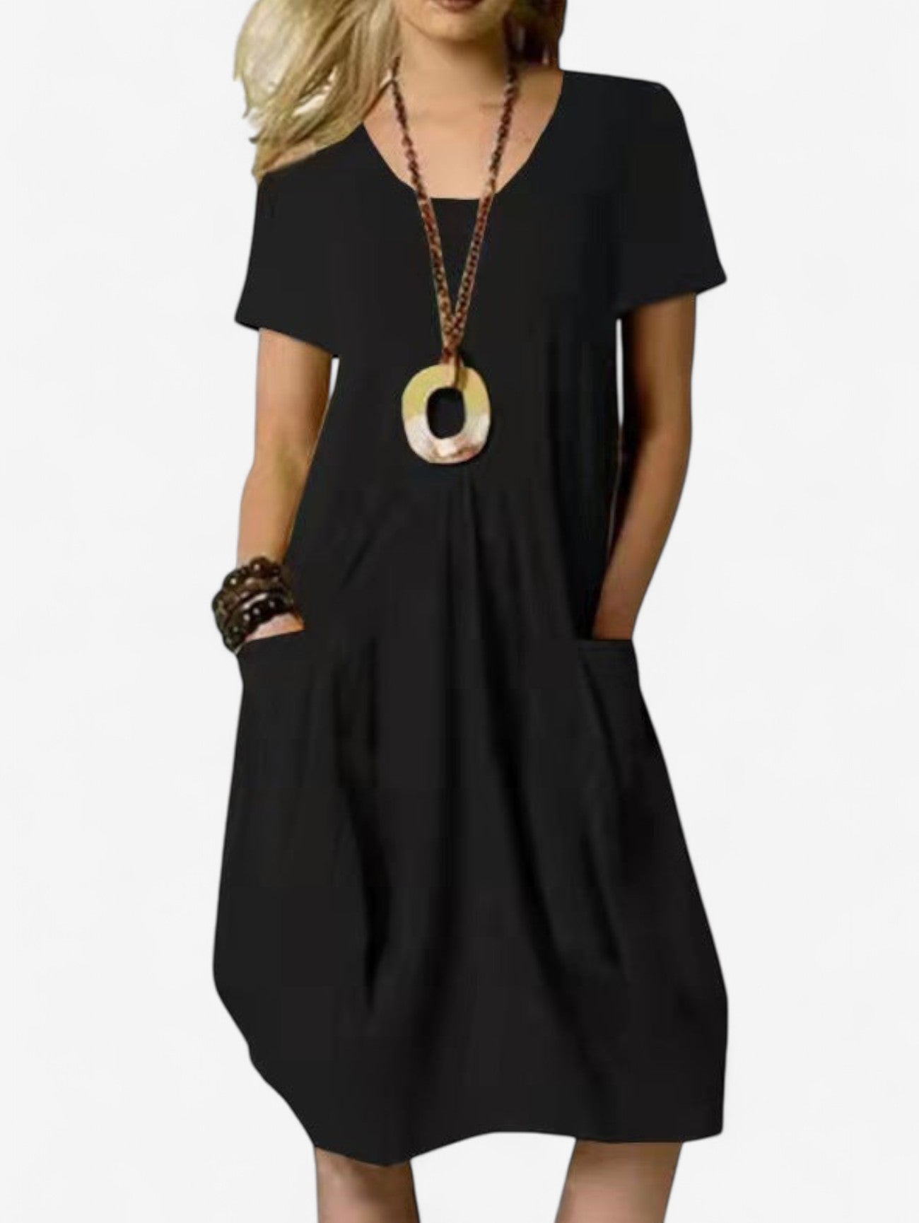 Damska Sukienka Midi Letnia W Kształcie Z Krótkim Rękawem I Kieszeniami