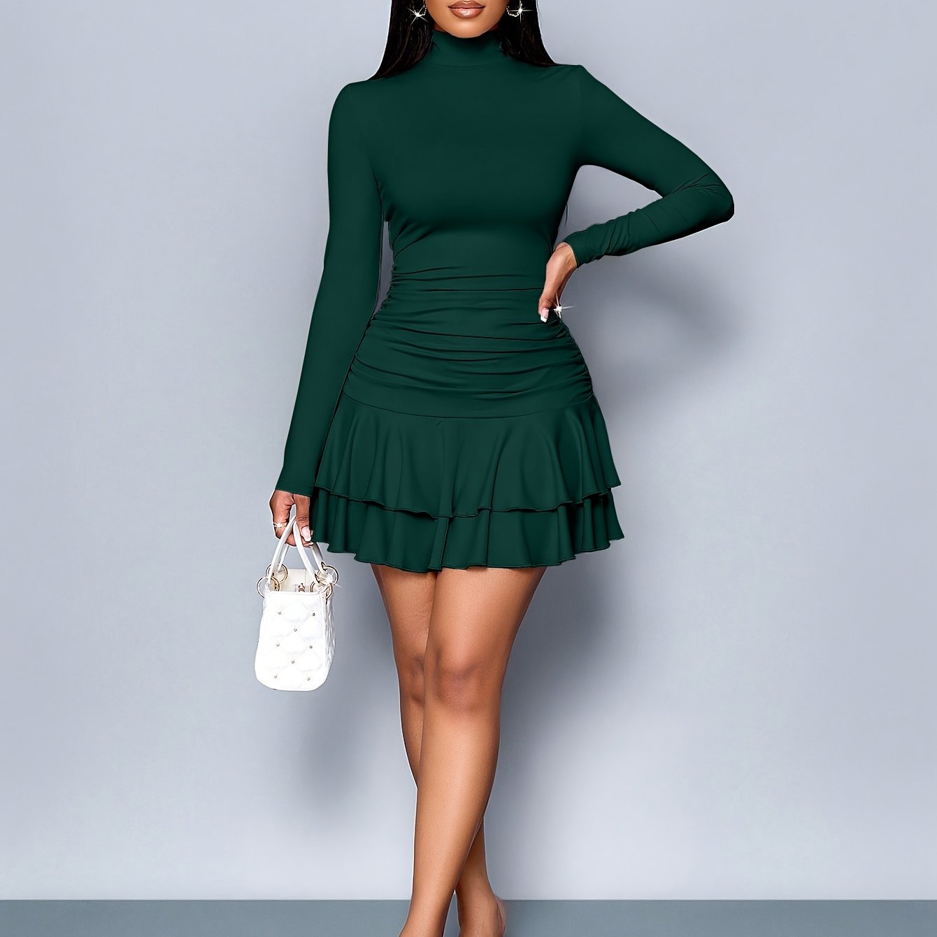 Suknia Damskie Mini Z Golfem Z Marszczeniem I Falbaną | Na Imprezy I Wieczorne Wyjścia