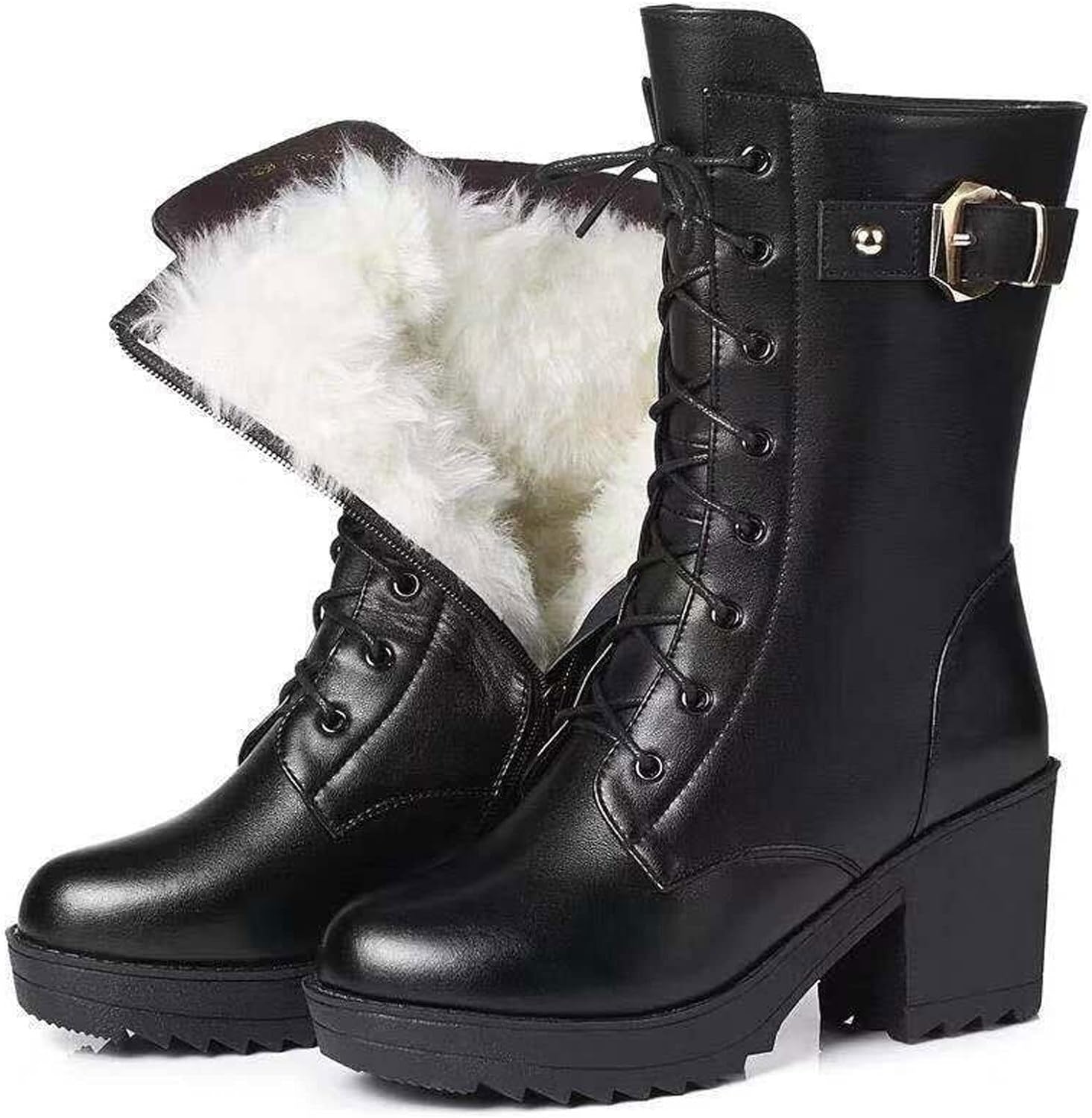 Buty Zimowe Damskie Kozaki Ocieplane Sznurowane Na Obcasie | Wodoodporne Antypoślizgowe