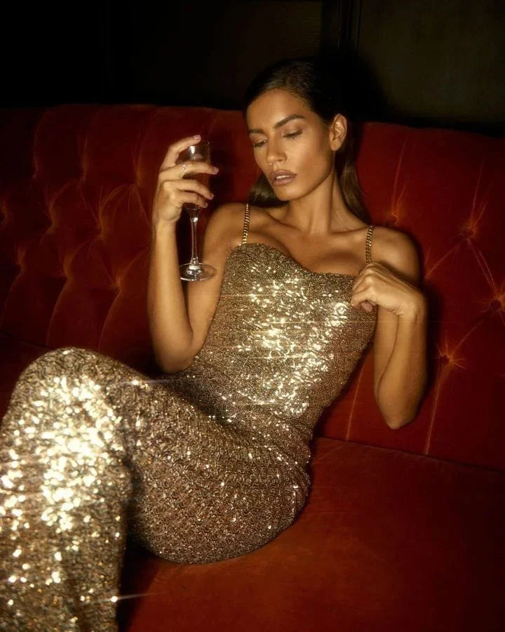 Kombinezon Damski Błyszczący Na Ramiączkach Rozszerzane Nogawki | Wieczorowy